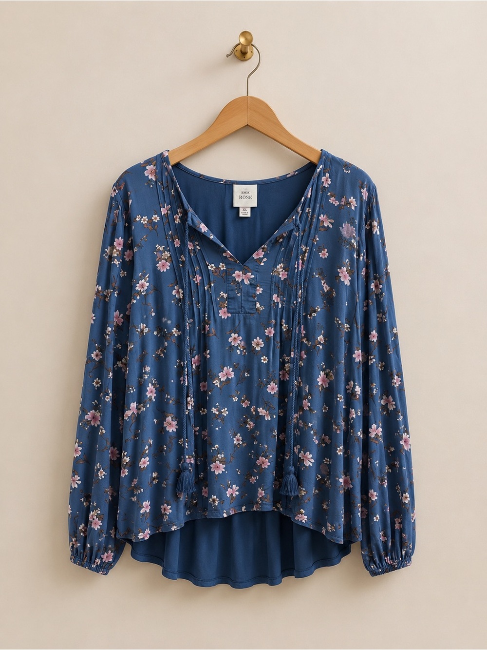 Knox Rose XL Blue Floral Boho Peasant Blouse Tassel Tie Long Sleeve